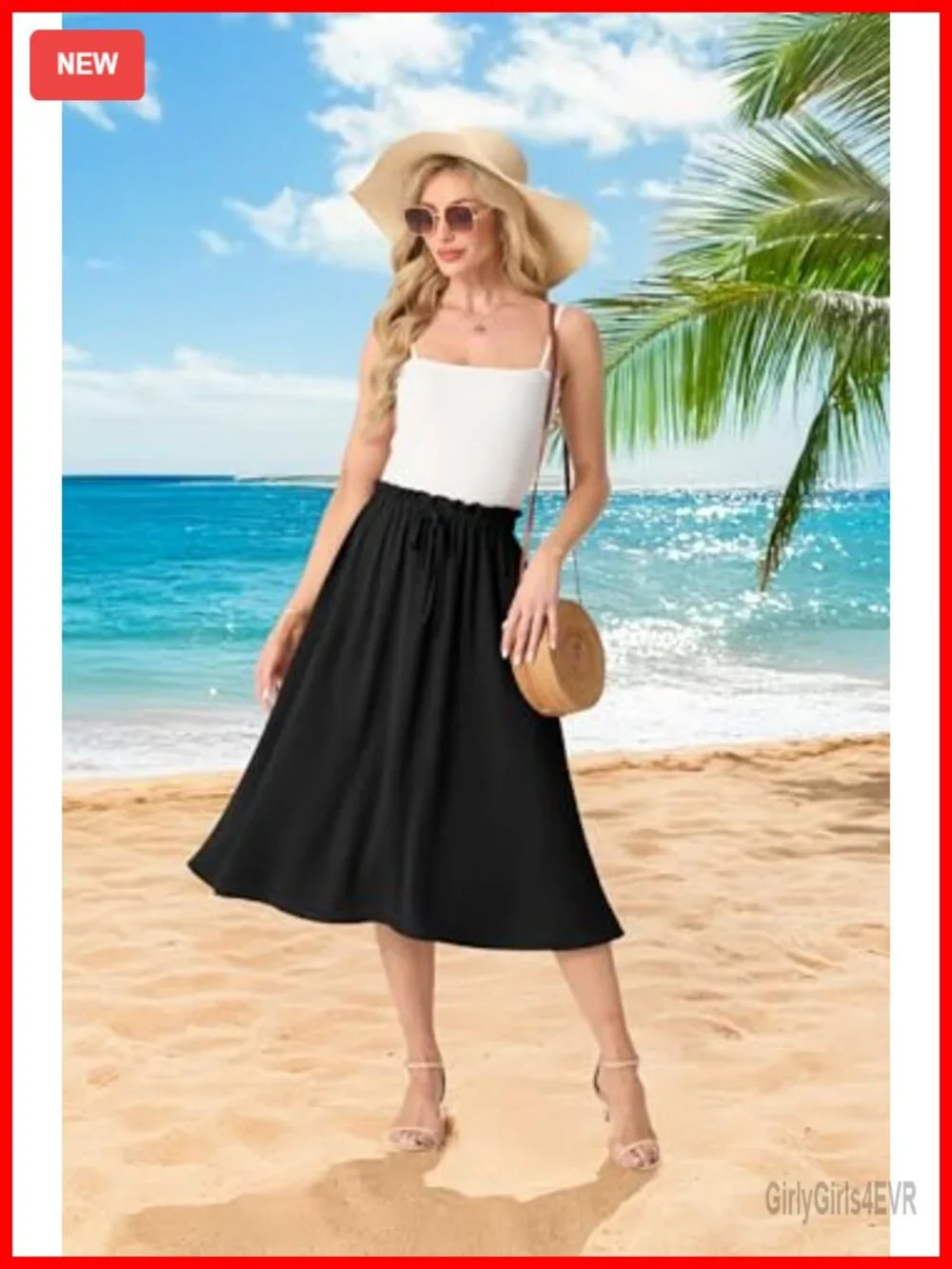 Women's High Waist A-Line Midi Skirt with Pockets Flowy Summer Casual